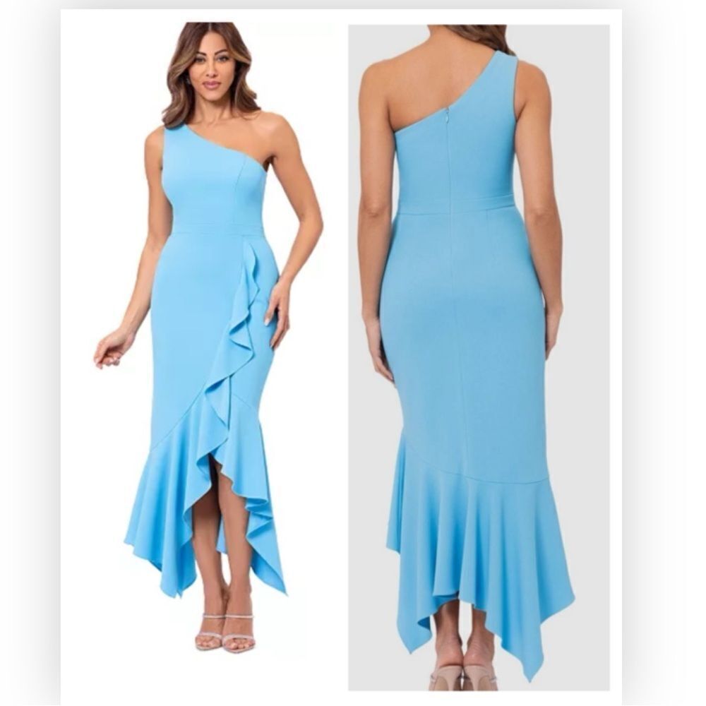 Xscape 4840XA Blue Solid Scuba Ruffled One-Shoulder High-Low Dress Size 10 $239